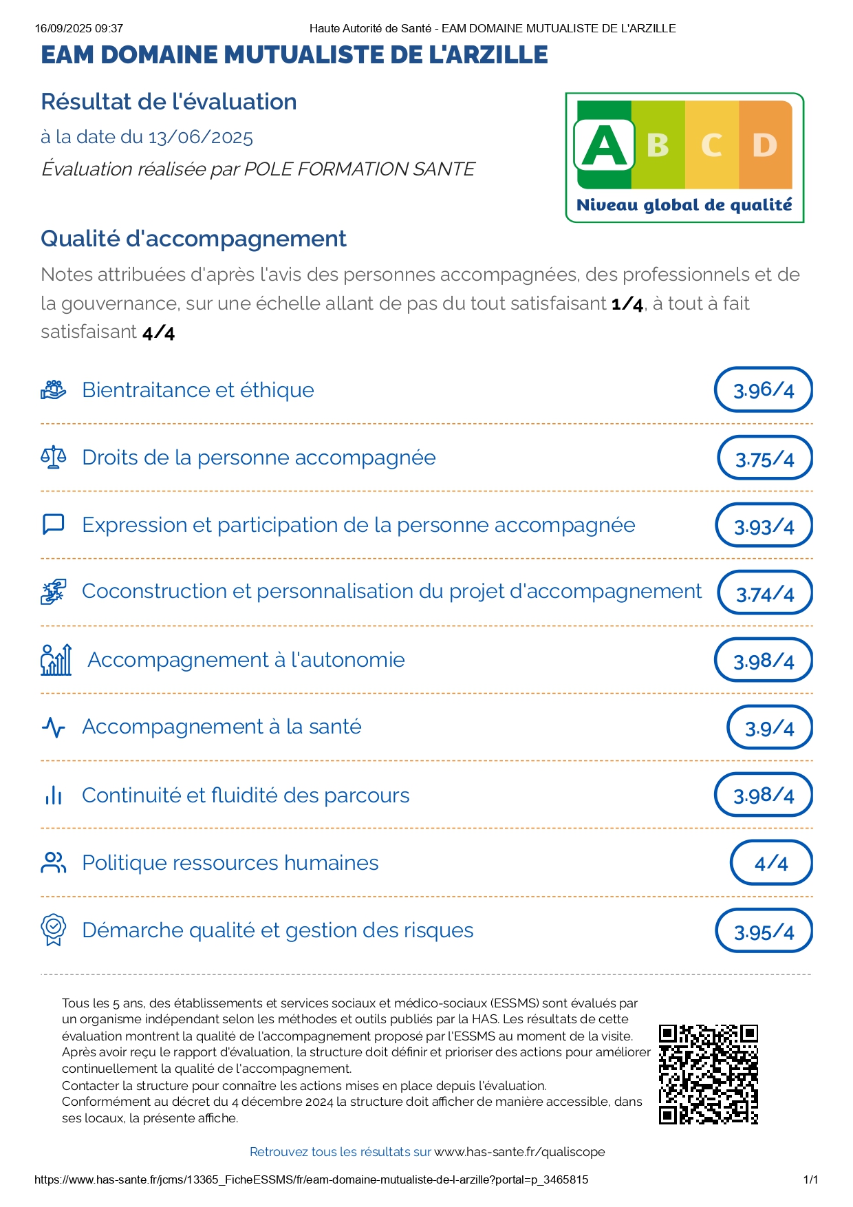 Résultat de l'évaluation 2025 - Domaine Mutualiste de l'Arzille HAS
