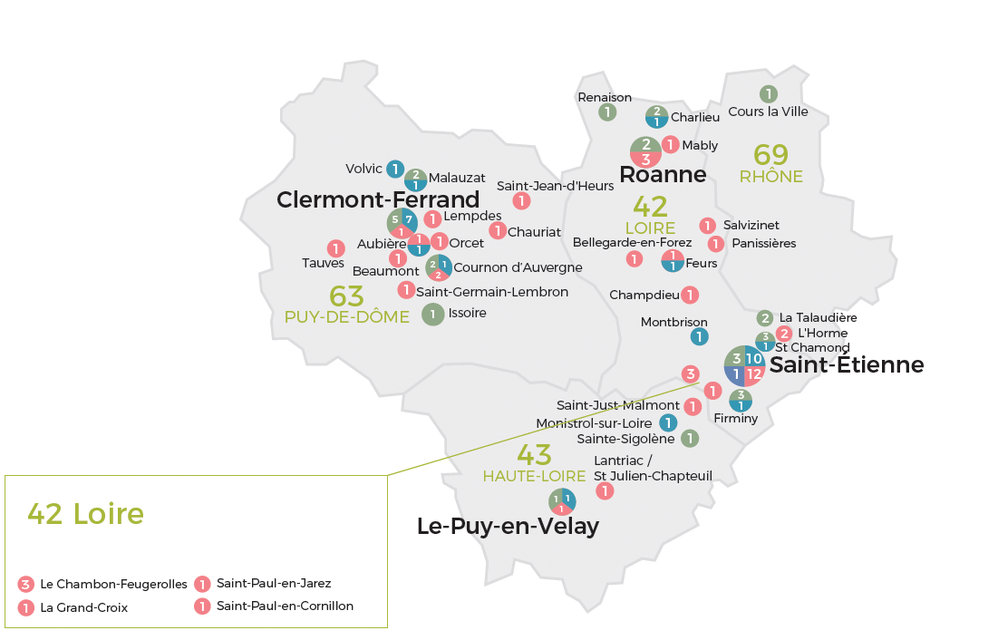 Nos etablissements AESIO Santé dans la Loire, la Haute-Loire, Puy-de-Dome