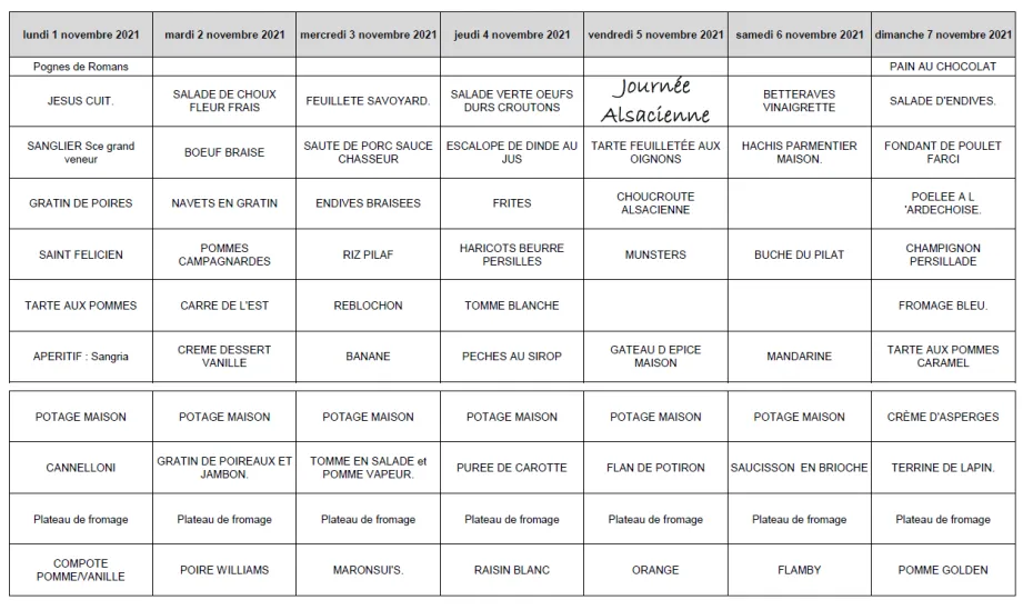 Menue de la semaine  44
