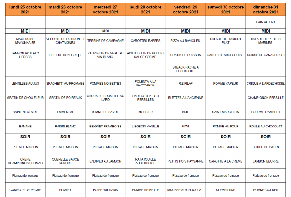 Menu de la semaine 
