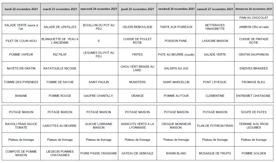 Menue de la semaine du 22 Novembre 