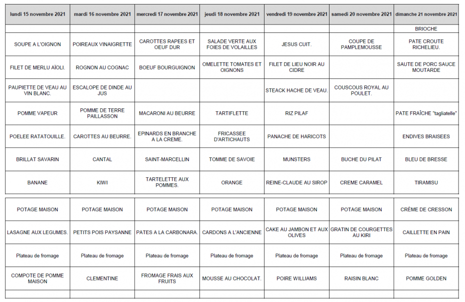 Menu de la semaine du 15 au 21 Novembre 