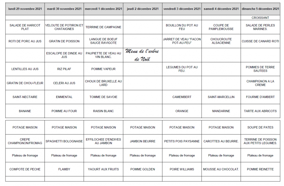 Menu du 29 au 5 Décembre