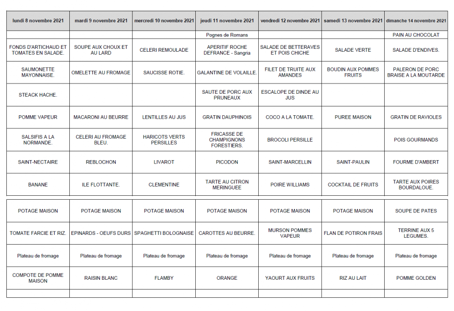 Menu du 8 au 14 Novembre 