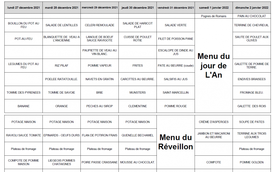 Menusemaine 27 décembre 