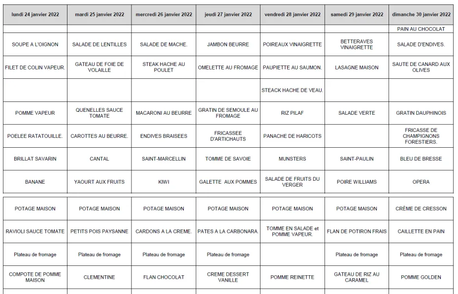 Menu du 24 au 30 janvier
