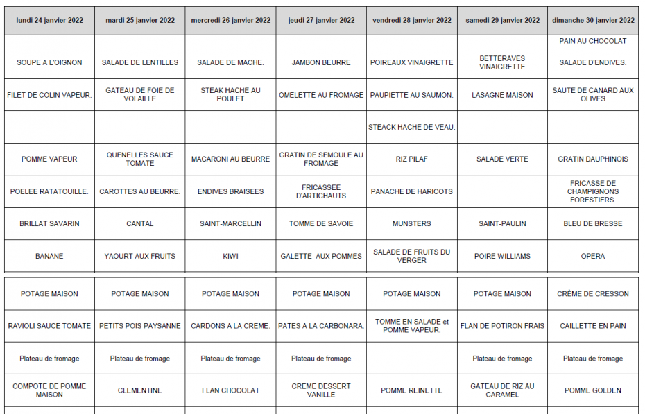 Menu du 24 au 30 janvier