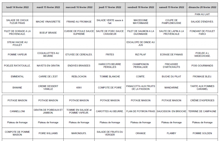  menu semaine du 14 février 