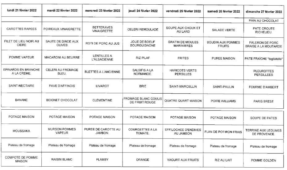 Menu de la semaine du 21 au 27 Février 