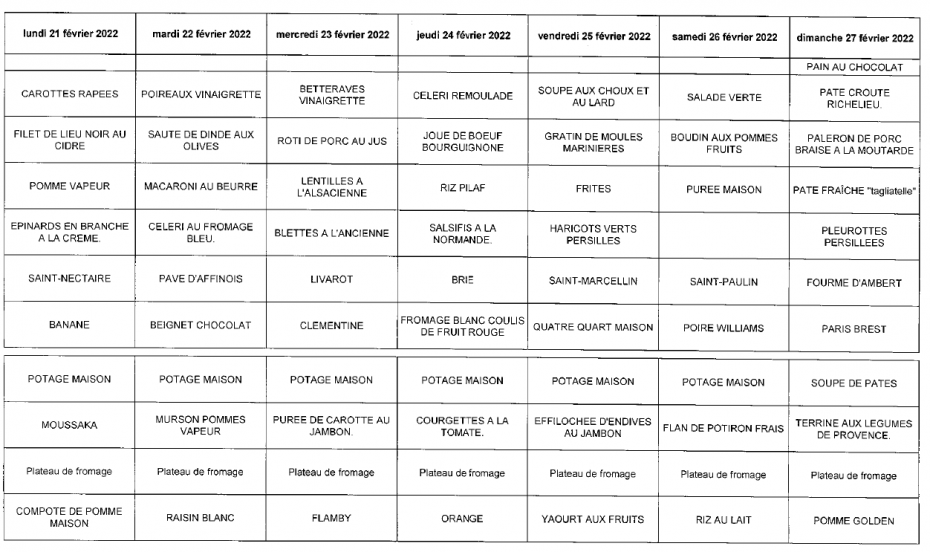 Menu de la semaine du 21 au 27 Février 